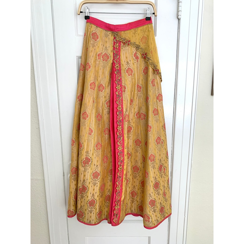DEBYANI Luxury Indian Lehenga Skirt Mustard Yellow Chanderi Silk Size 32 S M - Picture 4 of 16